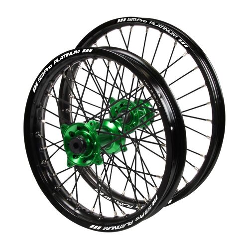 Kawasaki Haan Green Hubs / SM Pro Platinum Junior Black Rims / Black Spokes Wheel Set KX 100 (BW) 2009 (17*1.40 / 14*1.60)