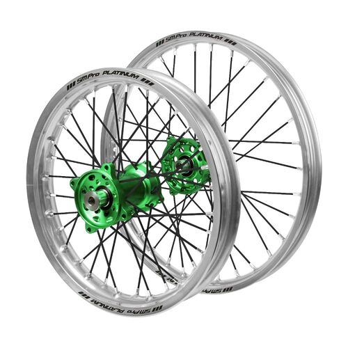 Kawasaki Haan Green Hubs / SM Pro Platinum Junior Silver Rims / Black Spokes Wheel Set KX 100 (BW) 2009 (17*1.40 / 14*1.60)