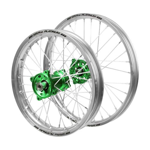 Kawasaki Haan Green Hubs / SM Pro Platinum Junior Silver Rims Wheel Set KX 100 (BW) 2009 (17*1.40 / 14*1.60)