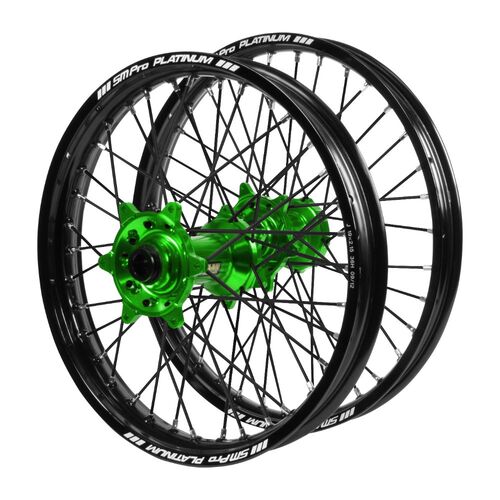 Kawasaki Haan Green Hubs / SM Pro Platinum Black Rims / Black Spokes Wheel Set KLX 450 R 2007-2024 (21*1.6 / 18*2.15 OE Cannot use OEM Speedo)