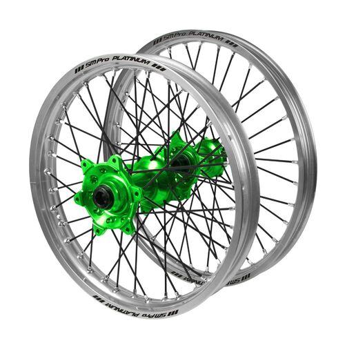 Kawasaki Haan Green Hubs / SM Pro Platinum Silver Rims / Black Spokes Wheel Set KLX 450 R 2007-2024 (21*1.6 / 18*2.15 OE Cannot use OEM Speedo)