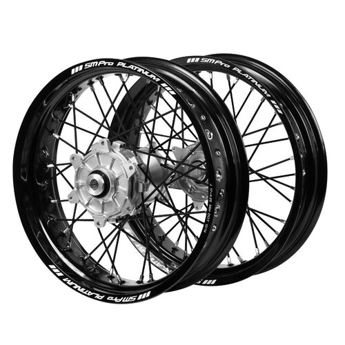 Kawasaki Haan Cush Drive Silver Hubs / SM Pro Platinum Black Rims Supermotard / Black Spokes Wheel Set