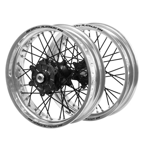 Kawasaki Haan Cush Drive Black Hubs / SM Pro Platinum Silver Rims Supermotard / Black Spokes Wheel Set
