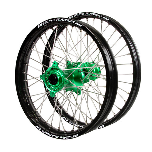 Kawasaki Haan Green Hubs / SM Pro Platinum Black Rims Wheel Set KLX 450 R 2007-2024 (21*1.6 / 18*2.15 OE Cannot use OEM Speedo)
