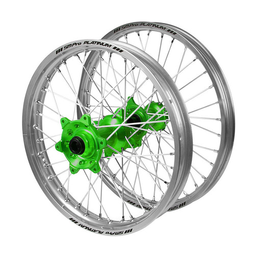 Kawasaki Haan Green Hubs / SM Pro Platinum Silver Rims Wheel Set KLX 450 R 2007-2024 (21*1.6 / 18*2.15 OE Cannot use OEM Speedo)
