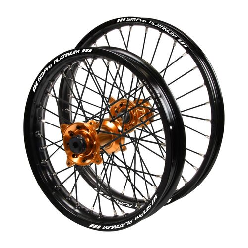 Gas Gas Haan Orange Hubs / SM Pro Platinum Junior Black Rims / Black Spokes Wheel Set MC 85 2021-2024 (17*1.40 / 14*1.60)