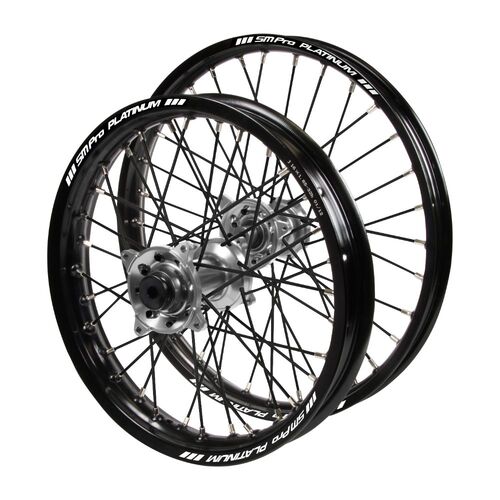 Gas Gas Haan Silver Hubs / SM Pro Platinum Junior Black Rims / Black Spokes Wheel Set MC 85 2021-2024 (17*1.40 / 14*1.60)