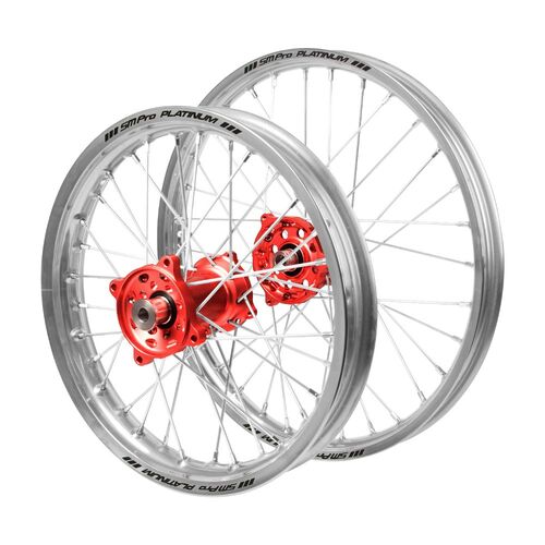 Gas Gas Haan Red Hubs / SM Pro Platinum Junior Silver Rims Wheel Set MC 85 2021-2024 (17*1.40 / 14*1.60)