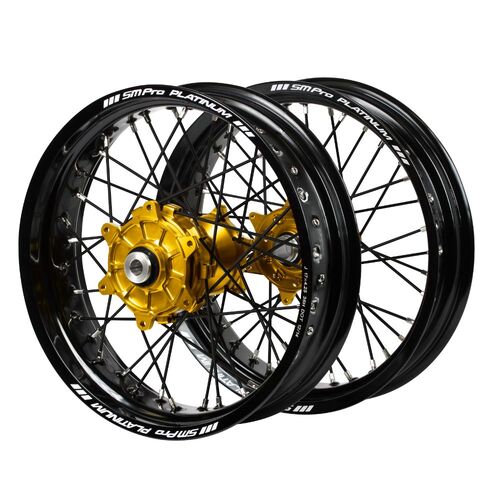 KTM Haan Cush Drive Gold Hubs / SM Pro Platinum Black Rims Supermotard / Black Spokes Wheel Set