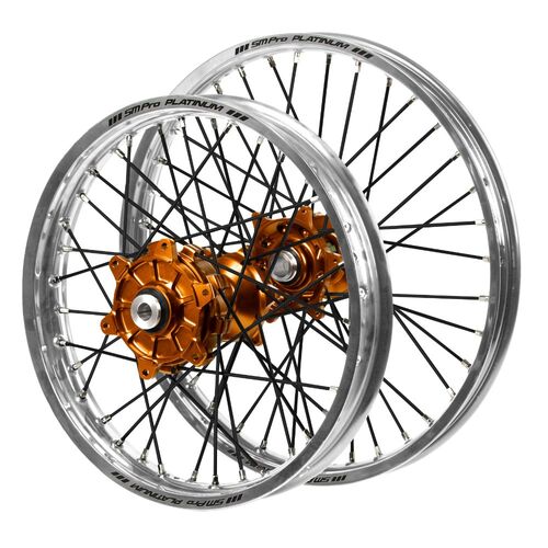 Gas Gas Haan Cush Drive Orange Hubs / SM Pro Platinum Silver Rims / Black Spokes Wheel Set