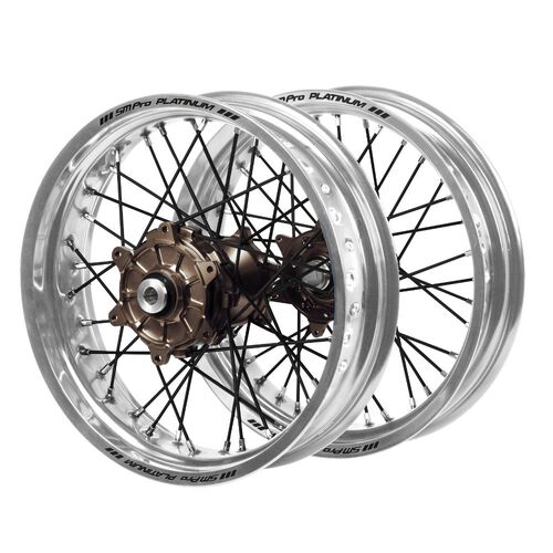 KTM Haan Cush Drive Magnesium Hubs / SM Pro Platinum Silver Rims Supermotard / Black Spokes Wheel Set