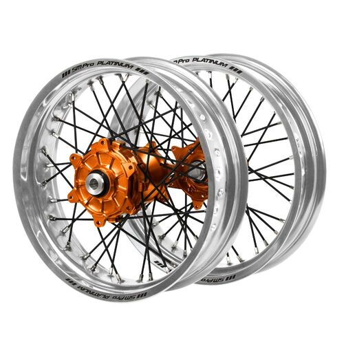 KTM Haan Cush Drive Orange Hubs / SM Pro Platinum Silver Rims Supermotard / Black Spokes Wheel Set