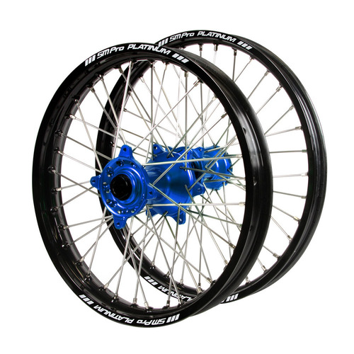 Gas Gas EC 250 2018-2020 (21*1.60 / 18*2.15 OE) Haan Blue Hubs / SM Pro Platinum Black Rims Wheel Set