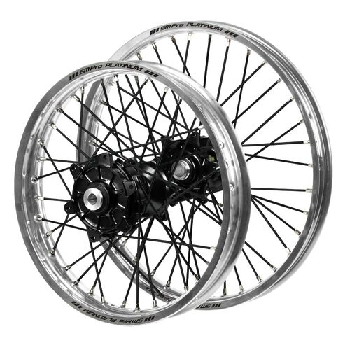 Gas Gas Haan Cush Drive Black Hubs / SM Pro Platinum Silver Rims / Black Spokes Wheel Set