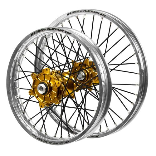 Husqvarna Haan Cush Drive Gold Hubs / SM Pro Platinum Silver Rims / Black Spokes Wheel Set FC 450 ROCKSTAR EDITION 2018-2021 (21*1.6 / 18*2.15)