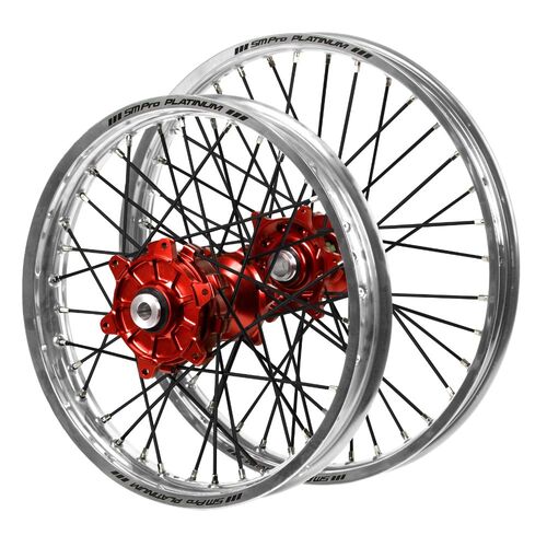Husqvarna Haan Cush Drive Red Hubs / SM Pro Platinum Silver Rims / Black Spokes Wheel Set FC 450 ROCKSTAR EDITION 2018-2021 (21*1.6 / 18*2.15)