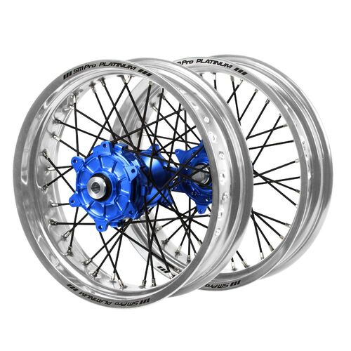 Husqvarna Haan Cush Drive Blue Hubs/SM Pro Platinum Silver Rims Supermotard/Black Spokes Wheel Set FC 450 ROCKSTAR EDITION 2018-2021 (17*3.5/17*4.25)