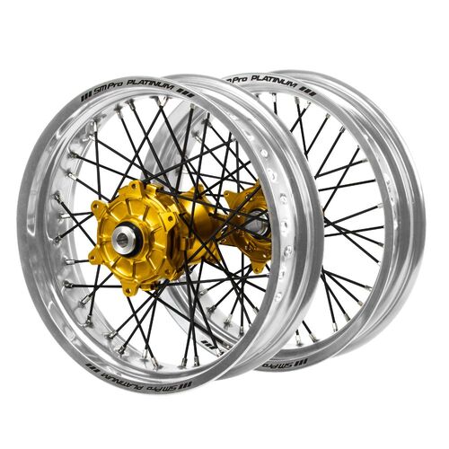 Husqvarna Haan Cush Drive Gold Hubs/SM Pro Platinum Silver Rims Supermotard/Black Spokes Wheel Set FC 450 ROCKSTAR EDITION 2018-2021 (17*3.5/17*4.25)