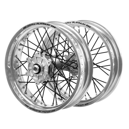 Husqvarna Haan Cush Drive Silver Hub/SM Pro Platinum Silver Rims Supermotard/Black Spokes Wheel Set FC 450 ROCKSTAR EDITION 2018-2021 (17*3.5/17*4.25)