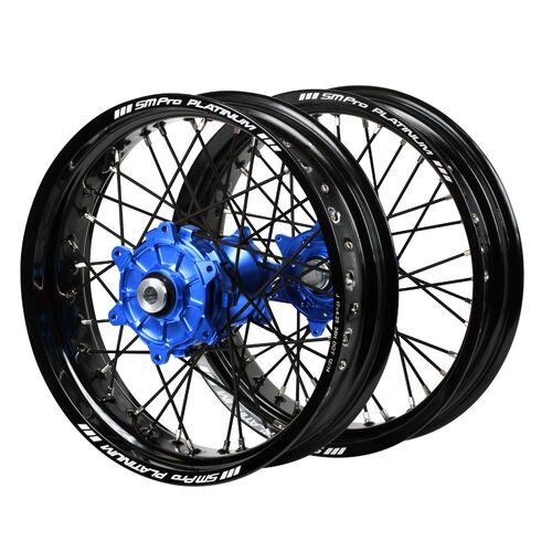 KTM Haan Cush Drive Blue Hubs / SM Pro Platinum Black Rims Supermotard / Black Spokes Wheel Set