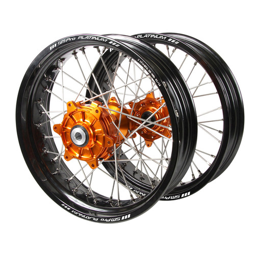 Husqvarna Haan Cush Drive Orange Hubs / SM Pro Platinum Black Rims Supermotard Wheel Set FC 450 ROCKSTAR EDITION 2018-2021 (17*3.5 / 17*4.25)