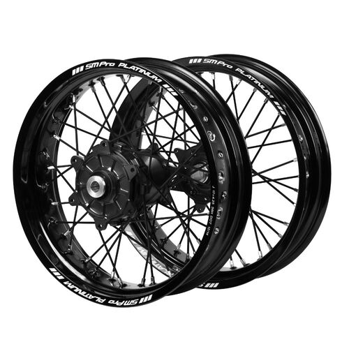 Yamaha Haan Cush Drive Black Hubs / SM Pro Platinum Black Rims Supermotard / Black Spokes Wheel Set