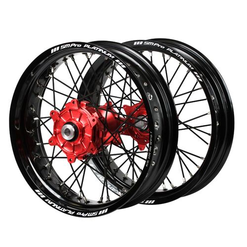 Fantic Haan Cush Drive Red Hubs / SM Pro Platinum Black Rims Supermotard / Black Spokes Wheel Set