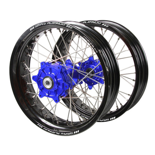 Fantic Haan Cush Drive Blue Hubs / SM Pro Platinum Black Rims Supermotard Wheel Set