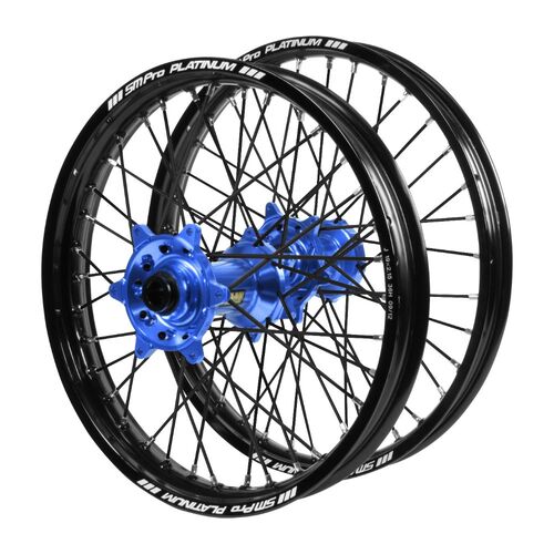 Gas Gas EC 250 2018-2020 (21*1.60 / 18*2.15 OE) Haan Blue Hubs / SM Pro Platinum Black Rims / Black Spokes Wheel Set