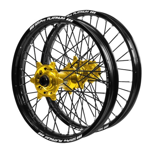 Gas Gas EC 250 2018-2020 (21*1.60 / 18*2.15 OE) Haan Gold Hubs / SM Pro Platinum Black Rims / Black Spokes Wheel Set