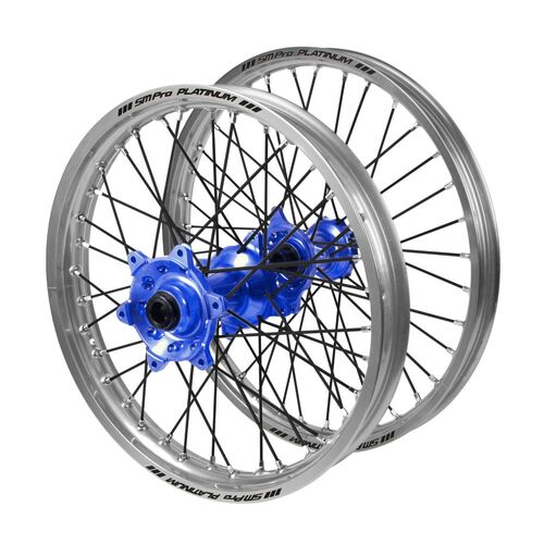Gas Gas EC 250 2018-2020 (21*1.60 / 18*2.15 OE) Haan Blue Hubs / SM Pro Platinum Silver Rims / Black Spokes Wheel Set