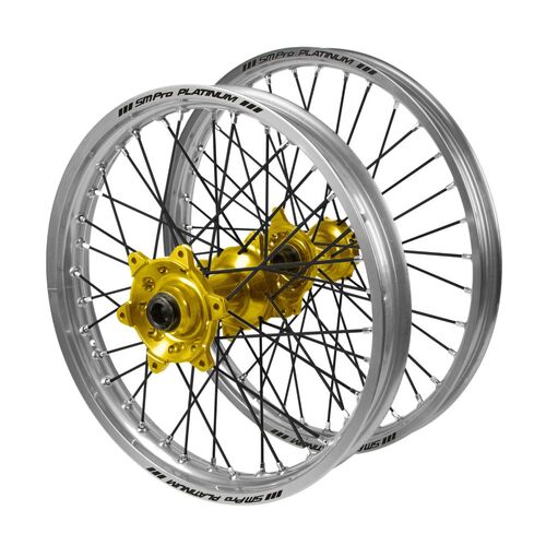 Gas Gas EC 250 2018-2020 (21*1.60 / 18*2.15 OE) Haan Gold Hubs / SM Pro Platinum Silver Rims / Black Spokes Wheel Set