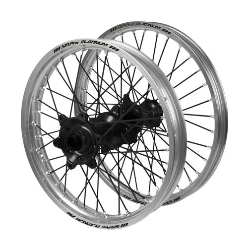 Gas Gas EC 250 2018-2020 (21*1.60 / 18*2.15 OE) Haan Black Hubs / SM Pro Platinum Silver Rims / Black Spokes Wheel Set