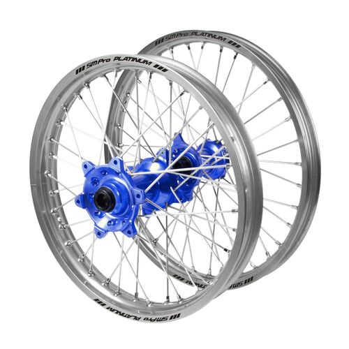 Gas Gas EC 250 2018-2020 (21*1.60 / 18*2.15 OE) Haan Blue Hubs / SM Pro Platinum Silver Rims Wheel Set