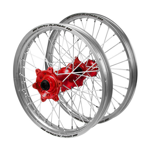 Gas Gas EC 250 2018-2020 (21*1.60 / 18*2.15 OE) Haan Red Hubs / SM Pro Platinum Silver Rims Wheel Set