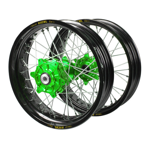 Kawasaki Haan Cush Drive Green Hubs / Excel Black Rims Supermoto Wheel Set