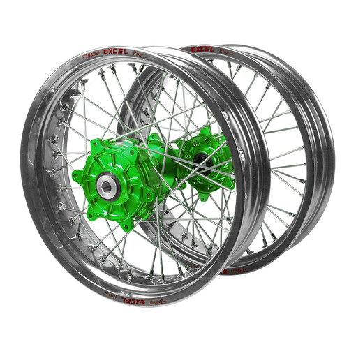Kawasaki Haan Cush Drive Green Hubs / Excel Silver Rims Supermoto Wheel Set