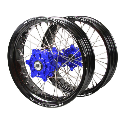 Kawasaki Haan Cush Drive Blue Hubs / SM Pro Platinum Black Rims Supermotard Wheel Set KLX 450 R 2007-2024 (17*3.5 / 17*4.25 Cannot use OEM speedo)