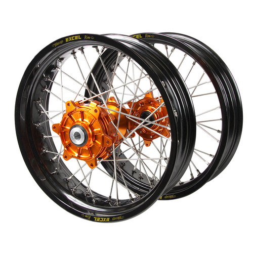 KTM Haan Cush Drive Orange Hubs / Excel Black Rims Supermoto Wheel Set