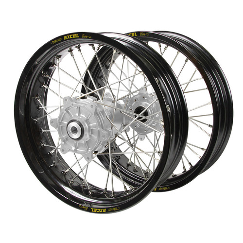 KTM Haan Cush Drive Silver Hubs / Excel Black Rims Supermoto Wheel Set