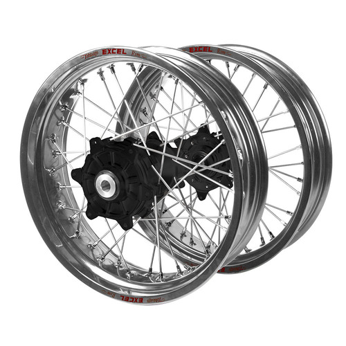 KTM Haan Cush Drive Black Hubs / Excel Silver Rims Supermoto Wheel Set