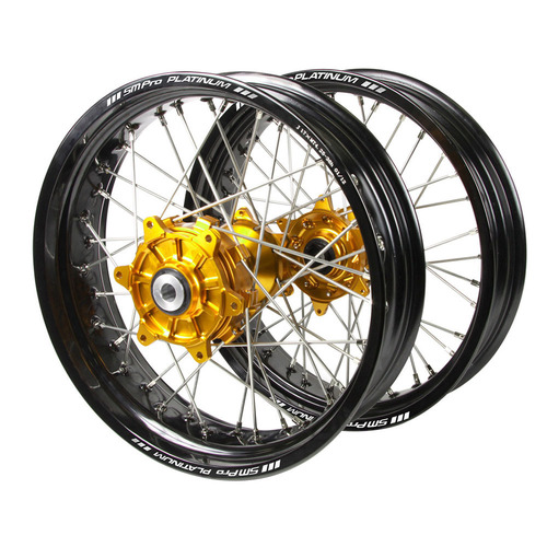 Kawasaki Haan Cush Drive Gold Hubs / SM Pro Platinum Black Rims Supermotard Wheel Set