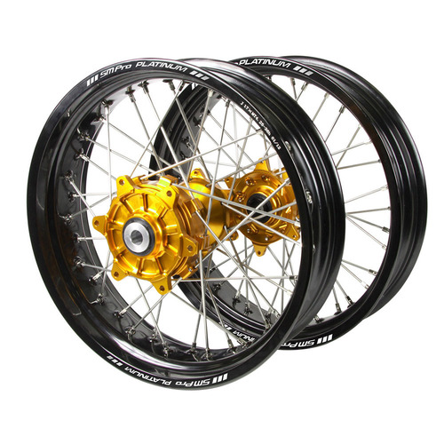 Husqvarna Haan Cush Drive Gold Hubs / SM Pro Platinum Black Rims Supermotard Wheel Set FC 450 ROCKSTAR EDITION 2018-2021 (17*3.5 / 17*4.25)