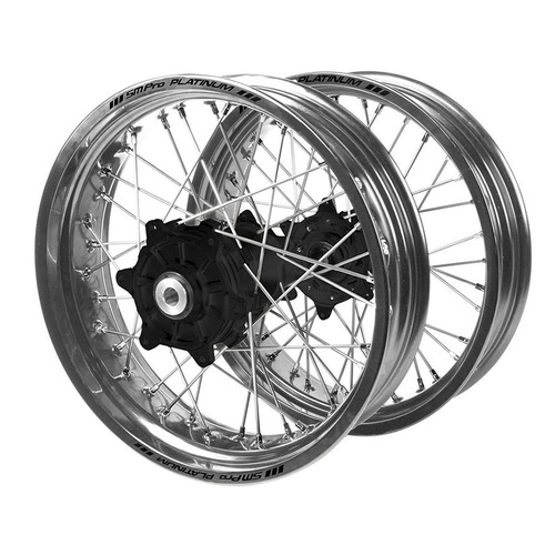 Husqvarna Haan Cush Drive Black Hubs / SM Pro Platinum Silver Rims Supermotard Wheel Set FC 450 ROCKSTAR EDITION 2018-2021 (17*3.5 / 17*4.25)