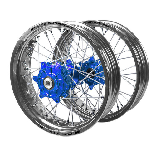 Husqvarna Haan Cush Drive Blue Hubs / SM Pro Platinum Silver Rims Supermotard Wheel Set FC 450 ROCKSTAR EDITION 2018-2021 (17*3.5 / 17*4.25)