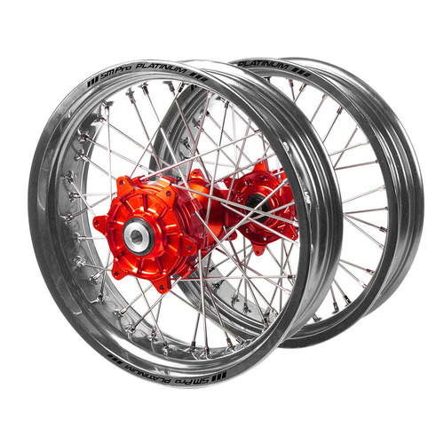 Husqvarna Haan Cush Drive Red Hubs / SM Pro Platinum Silver Rims Supermotard Wheel Set FC 450 ROCKSTAR EDITION 2018-2021 (17*3.5 / 17*4.25)