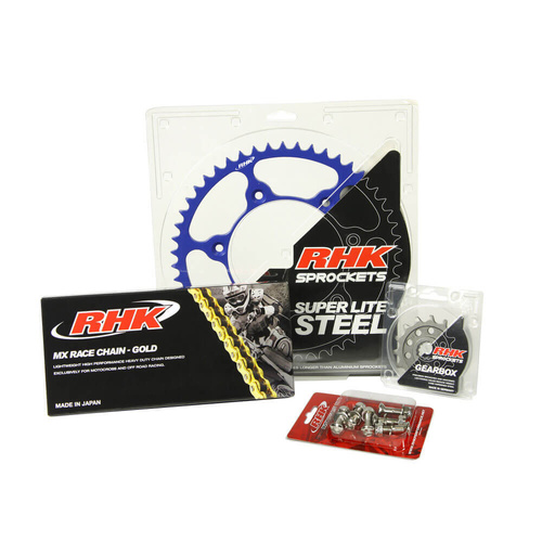 RHK Gas Gas Gold MX Chain & Blue Super Lite Steel Sprocket Kit