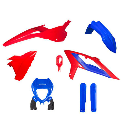 Rtech Beta RR 125 2023-2024 Blue/Red Plastic Kit (With Front Headlight Plastic & Factory Wrap Fork Protectors)