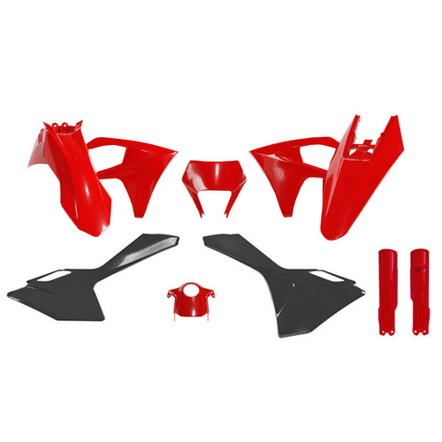 Rtech Gas Gas EC 250 2024-2025 Red/Black Plastic Kit (7 Piece Kit Includes Left Airbox Cover with Headlight Surround & Fork Guards)