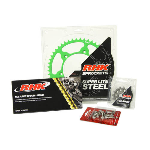 RHK Kawasaki Gold MX Chain & Green Super Lite Steel Sprocket Kit